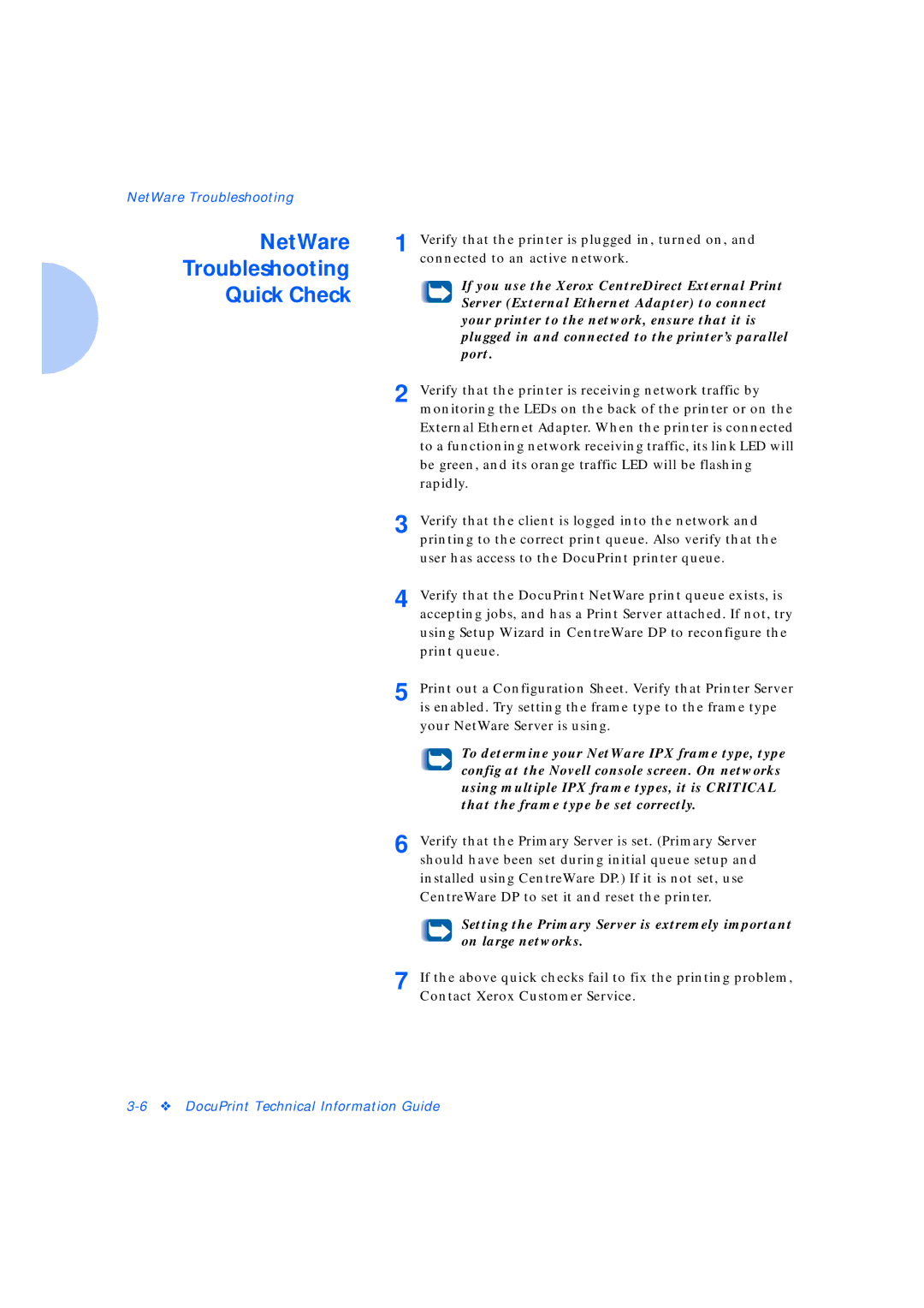 Xerox Network Laser Printers manual NetWare Troubleshooting Quick Check, On large networks 