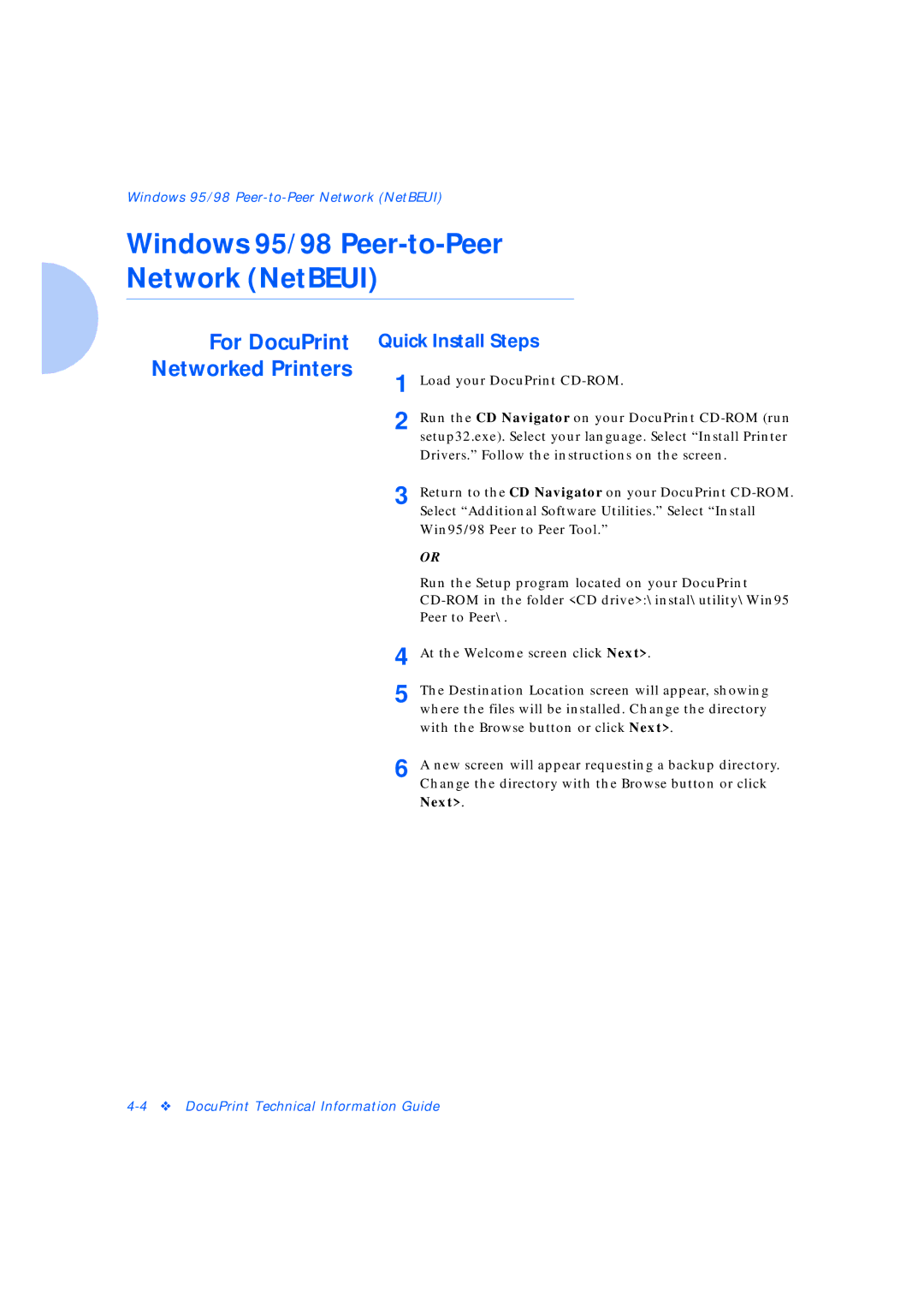 Xerox Network Laser Printers manual Windows 95/98 Peer-to-Peer Network NetBEUI, Networked Printers, Next 