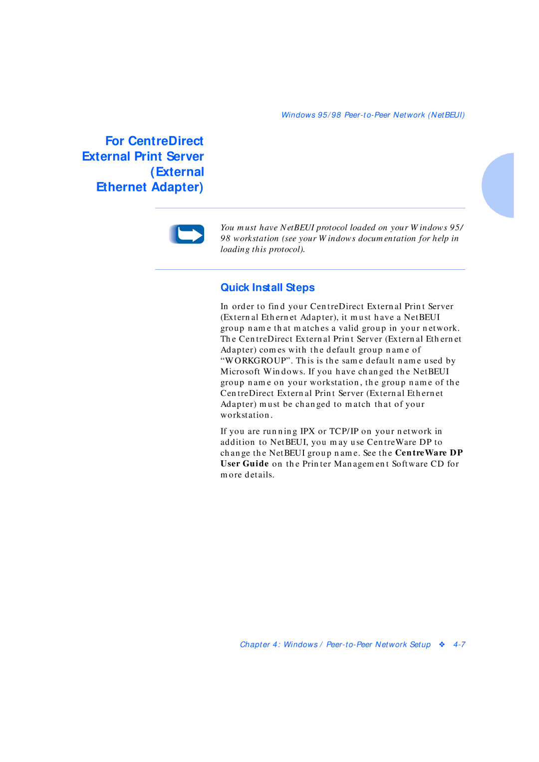 Xerox Network Laser Printers manual For CentreDirect External Print Server Ethernet Adapter, Quick Install Steps 