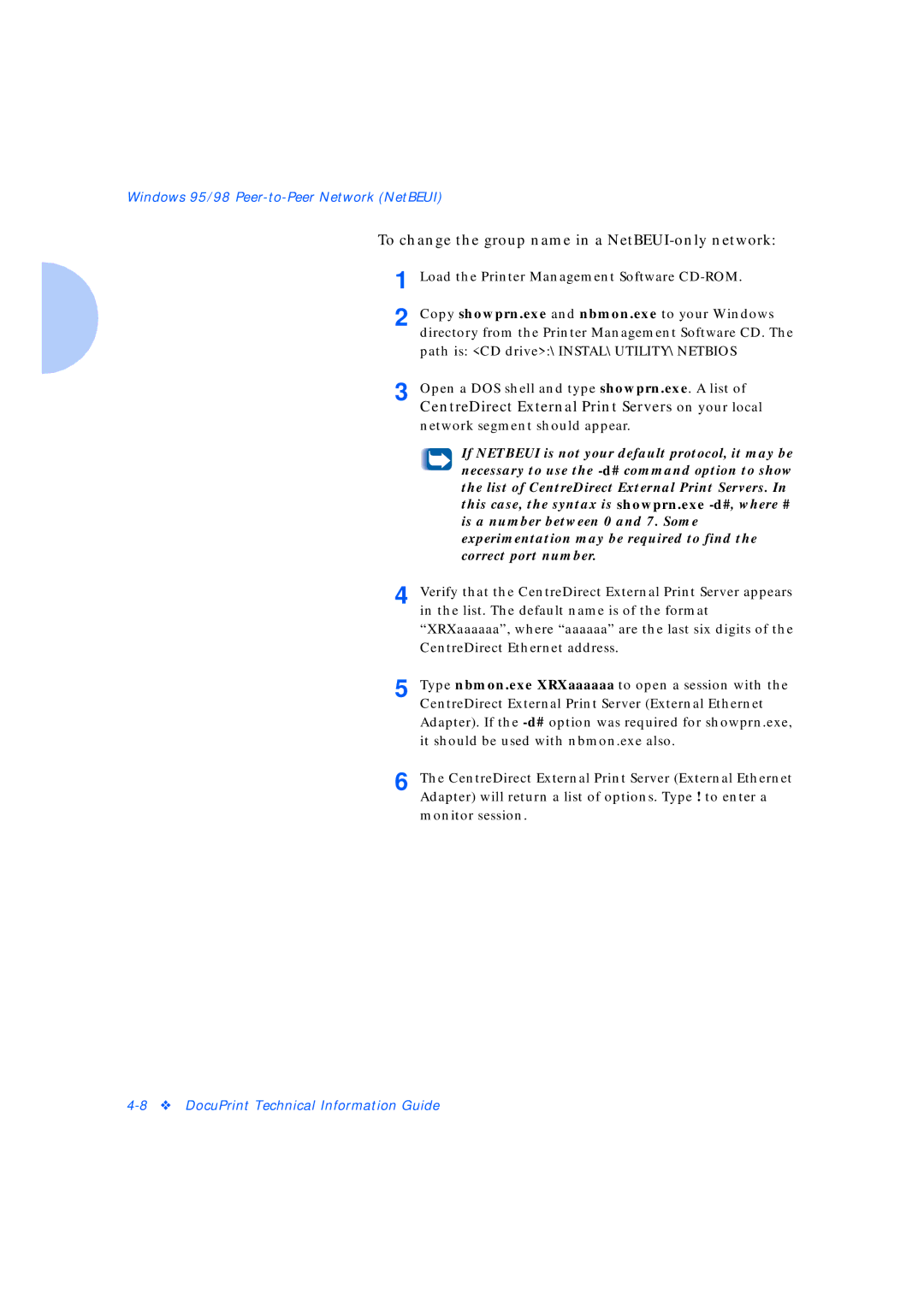 Xerox Network Laser Printers manual To change the group name in a NetBEUI-only network 