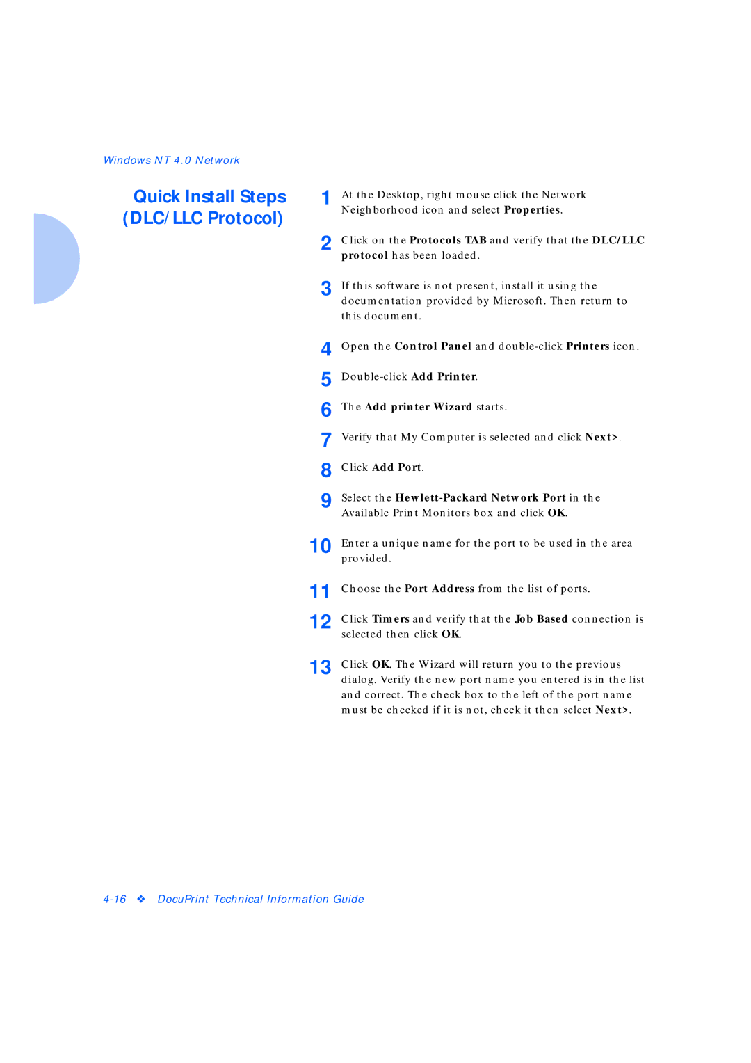 Xerox Network Laser Printers manual Quick Install Steps, DLC/LLC Protocol, Select the Hewlett-Packard Network Port 