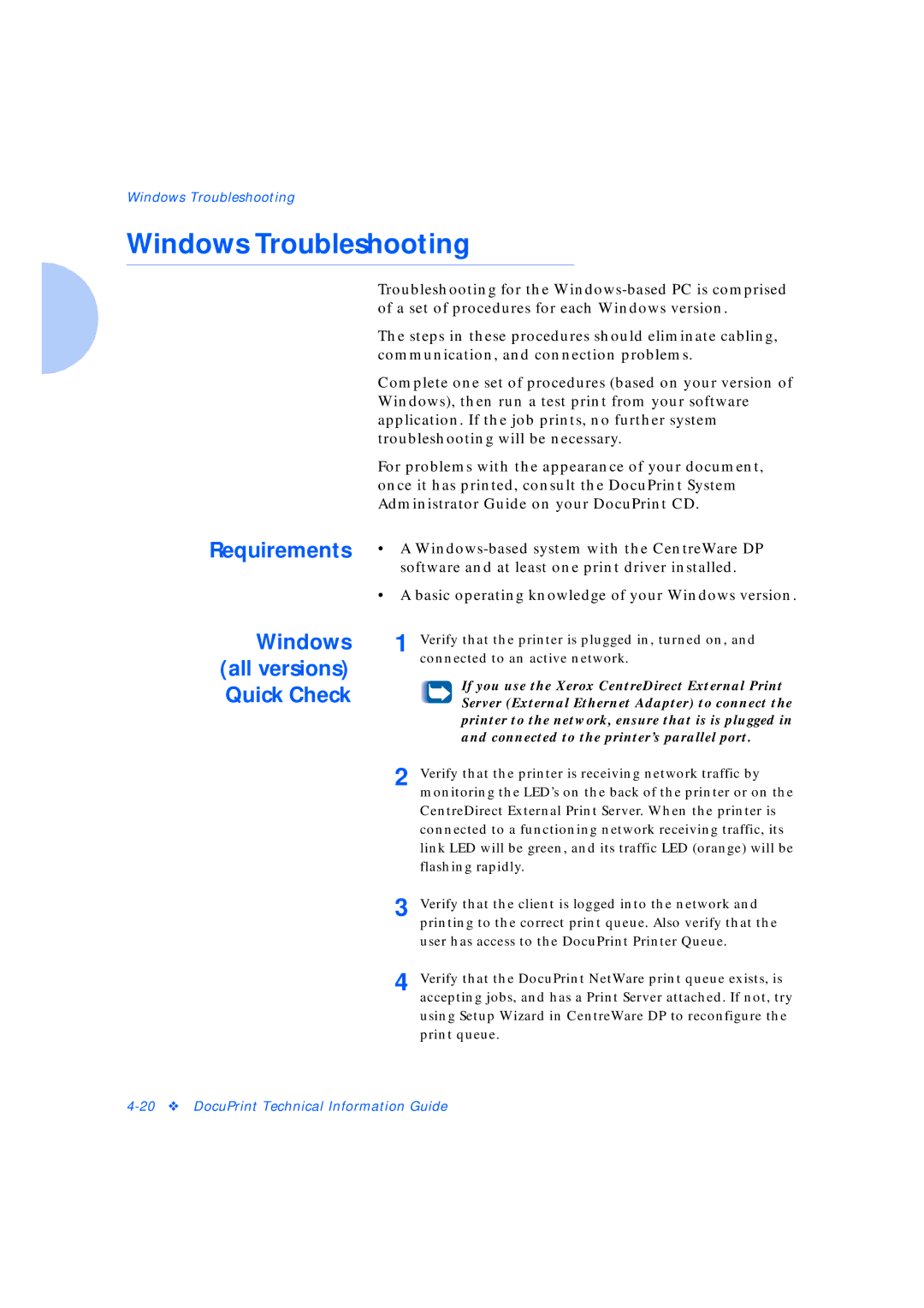 Xerox Network Laser Printers manual Windows Troubleshooting, Windows all versions Quick Check 