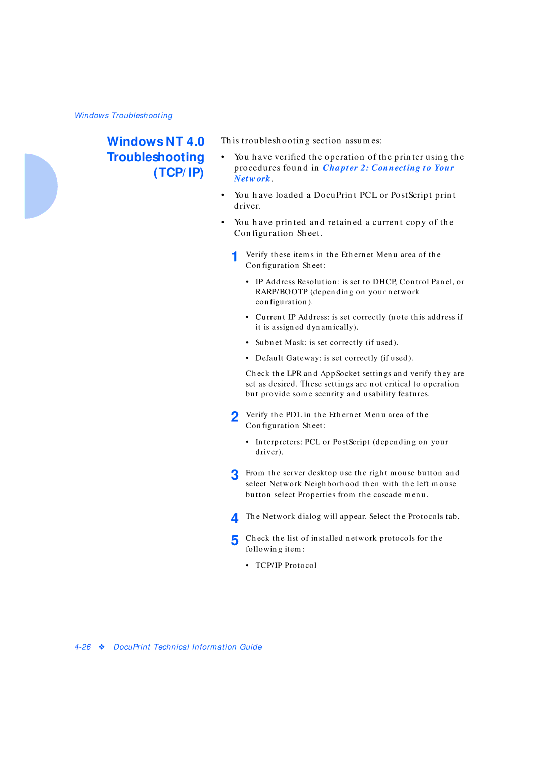 Xerox Network Laser Printers manual Windows NT Troubleshooting, Tcp/Ip 