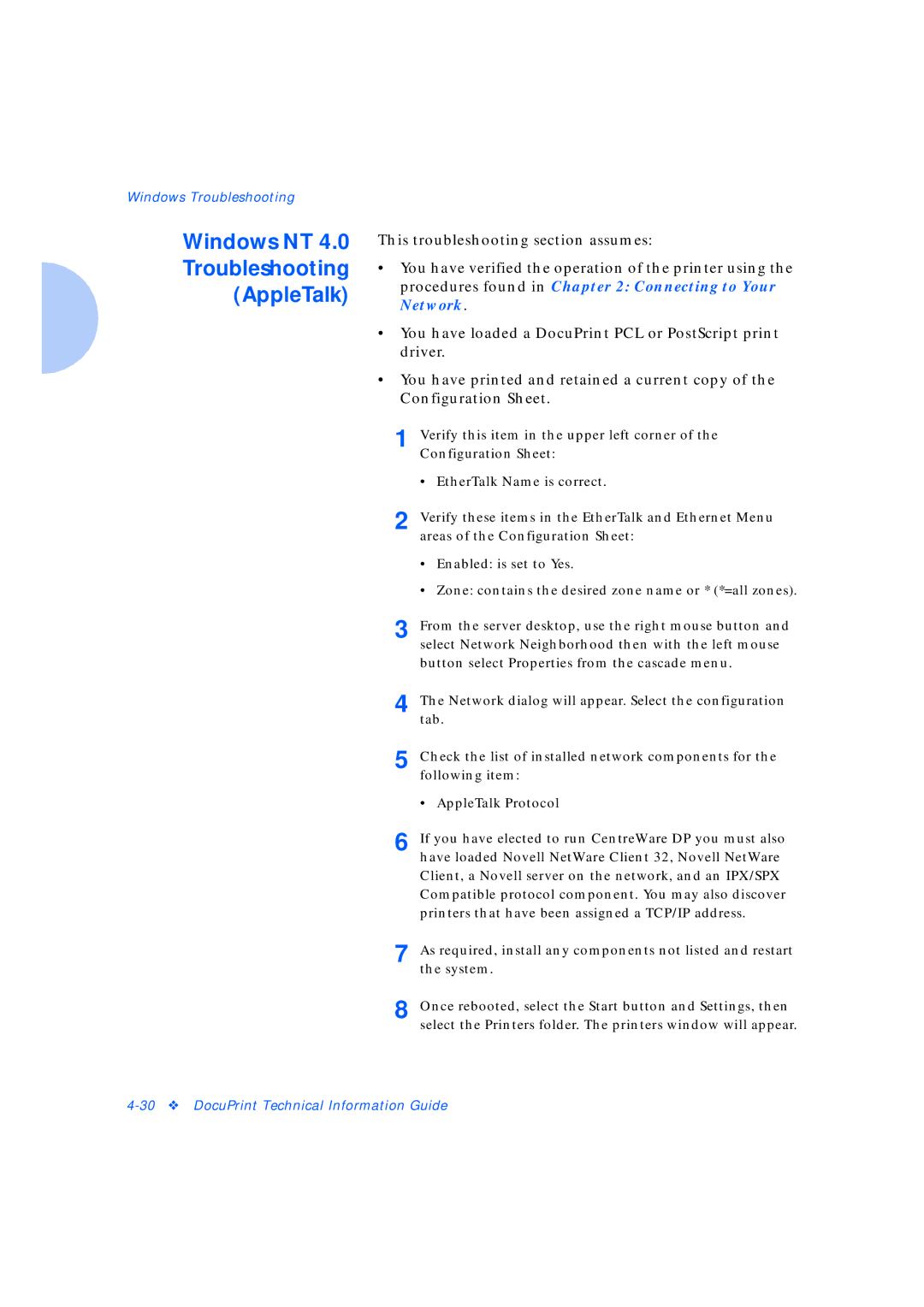 Xerox Network Laser Printers manual Windows NT Troubleshooting AppleTalk 