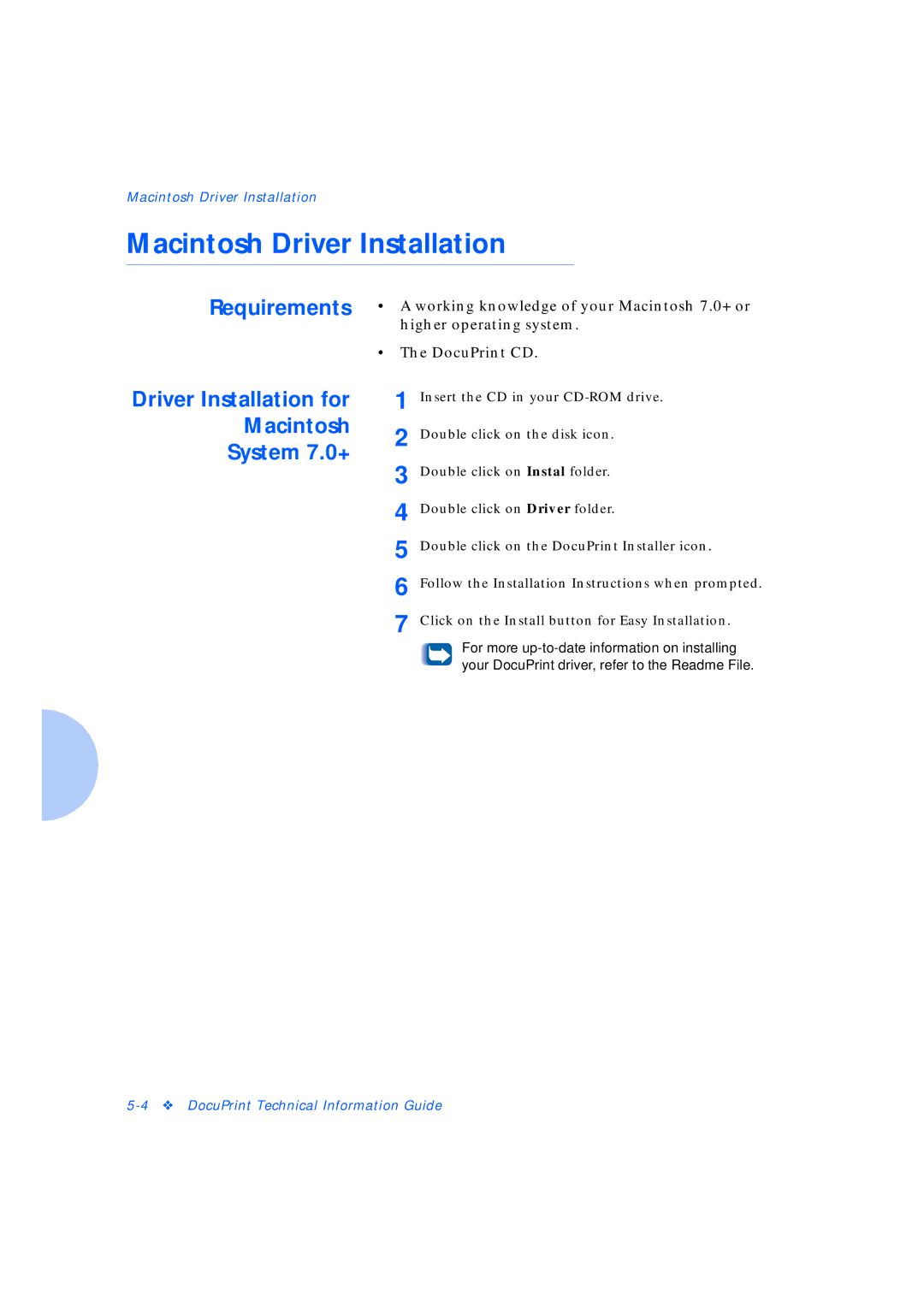 Xerox Network Laser Printers manual Macintosh Driver Installation, Driver Installation for Macintosh System 7.0+ 