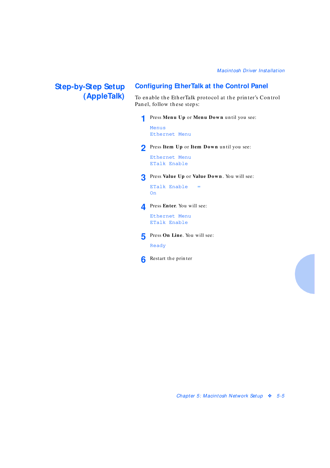 Xerox Network Laser Printers manual Step-by-Step Setup AppleTalk, Configuring EtherTalk at the Control Panel 