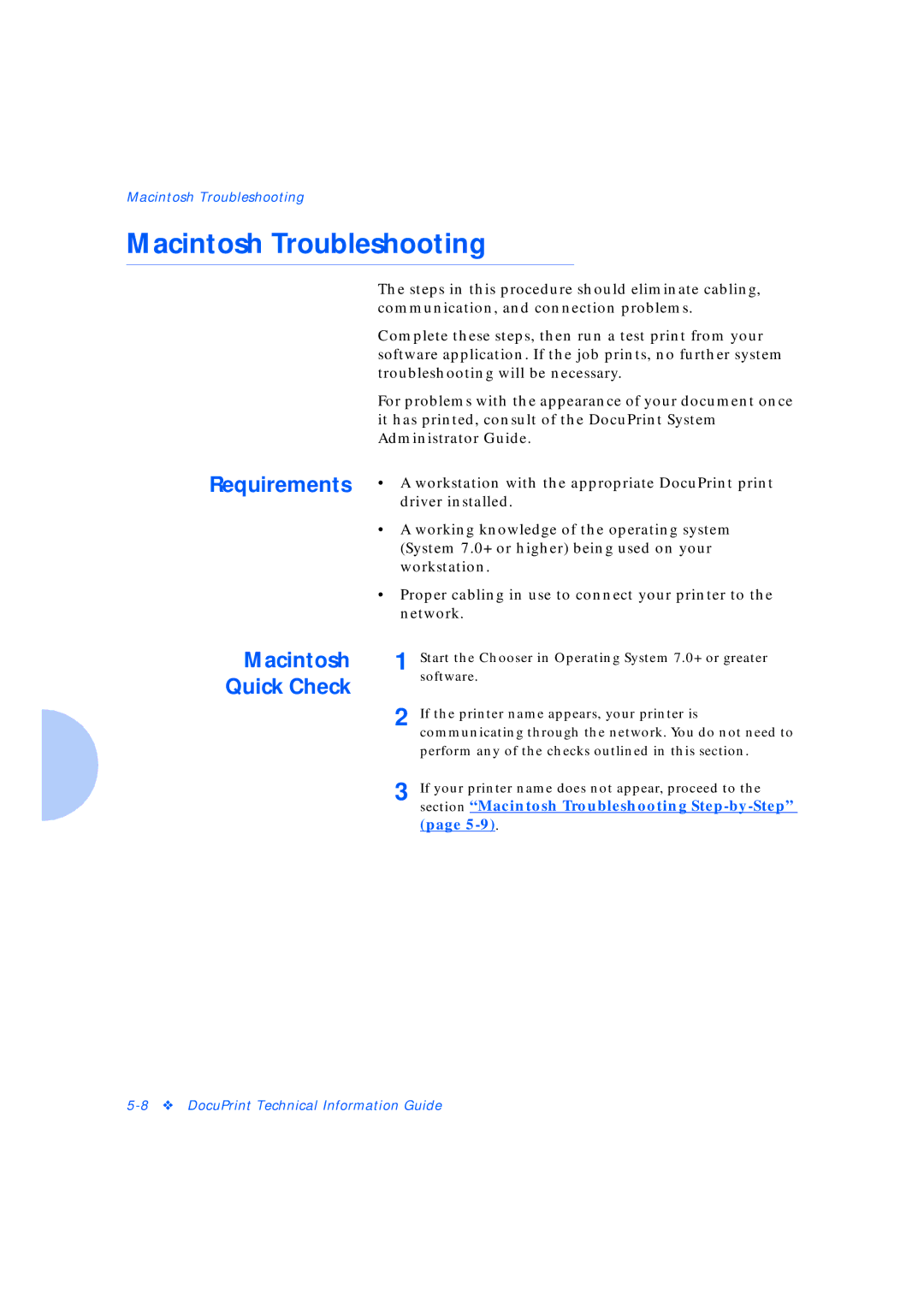 Xerox Network Laser Printers manual Macintosh Troubleshooting, Macintosh Quick Check 