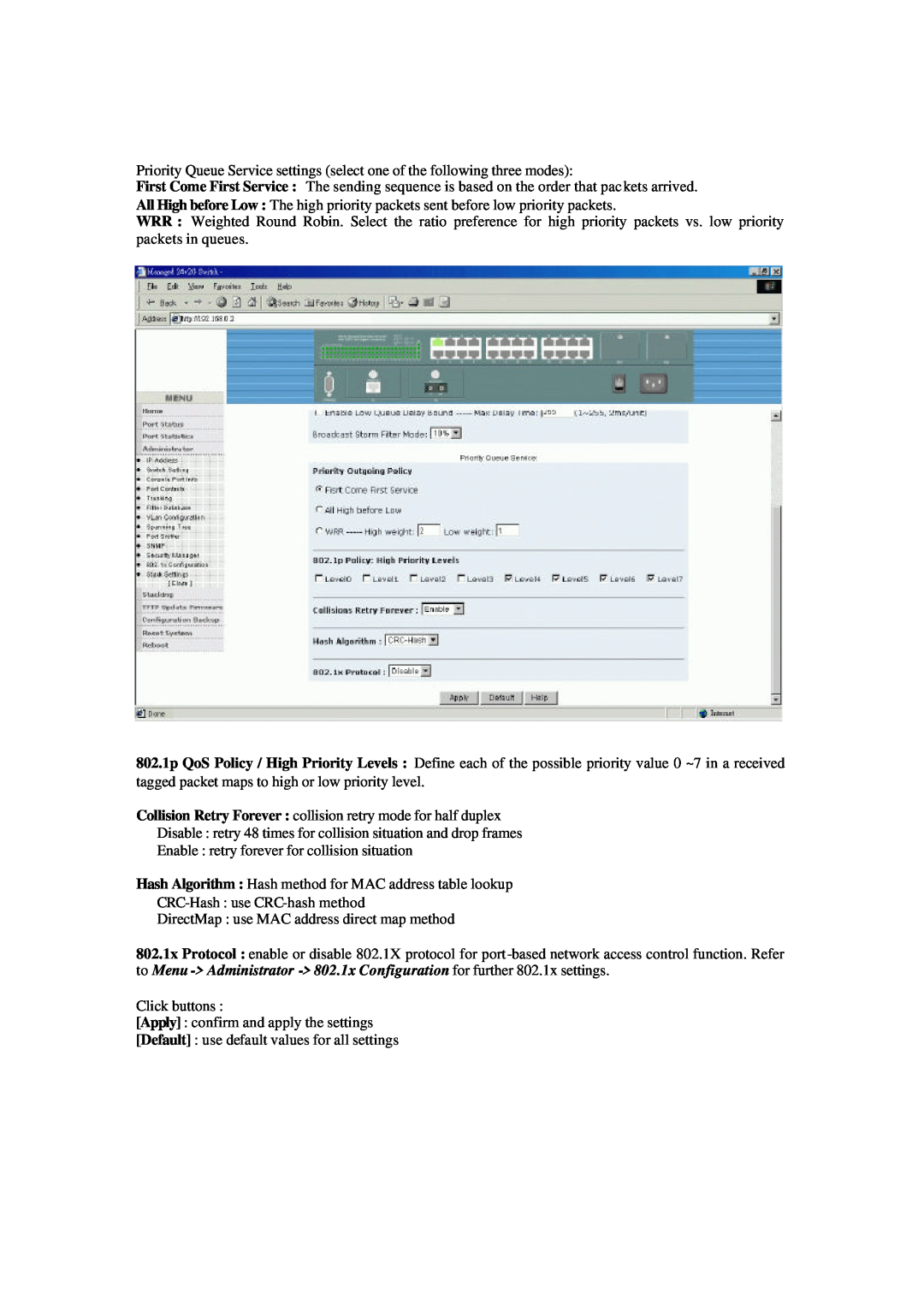 Xerox NS-2260 operation manual Enable : retry forever for collision situation, CRC-Hash :use CRC-hashmethod, Click buttons 