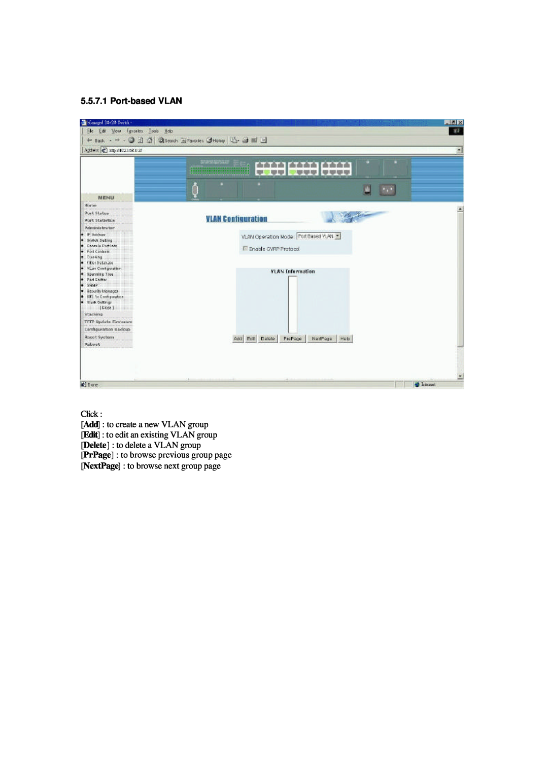 Xerox NS-2260 Port-basedVLAN, Click Add : to create a new VLAN group, Edit : to edit an existing VLAN group 