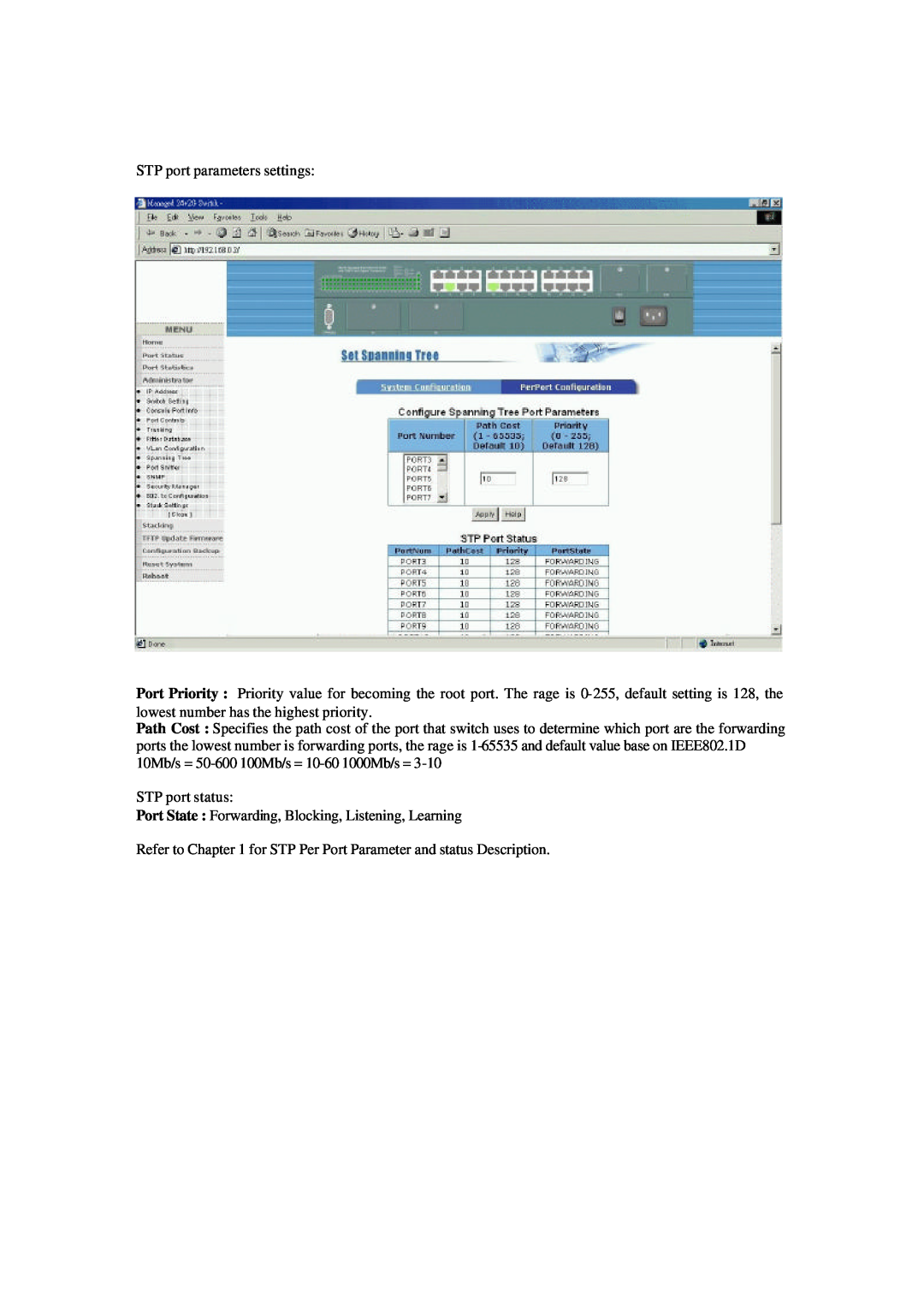 Xerox NS-2260 operation manual STP port parameters settings, STP port status 
