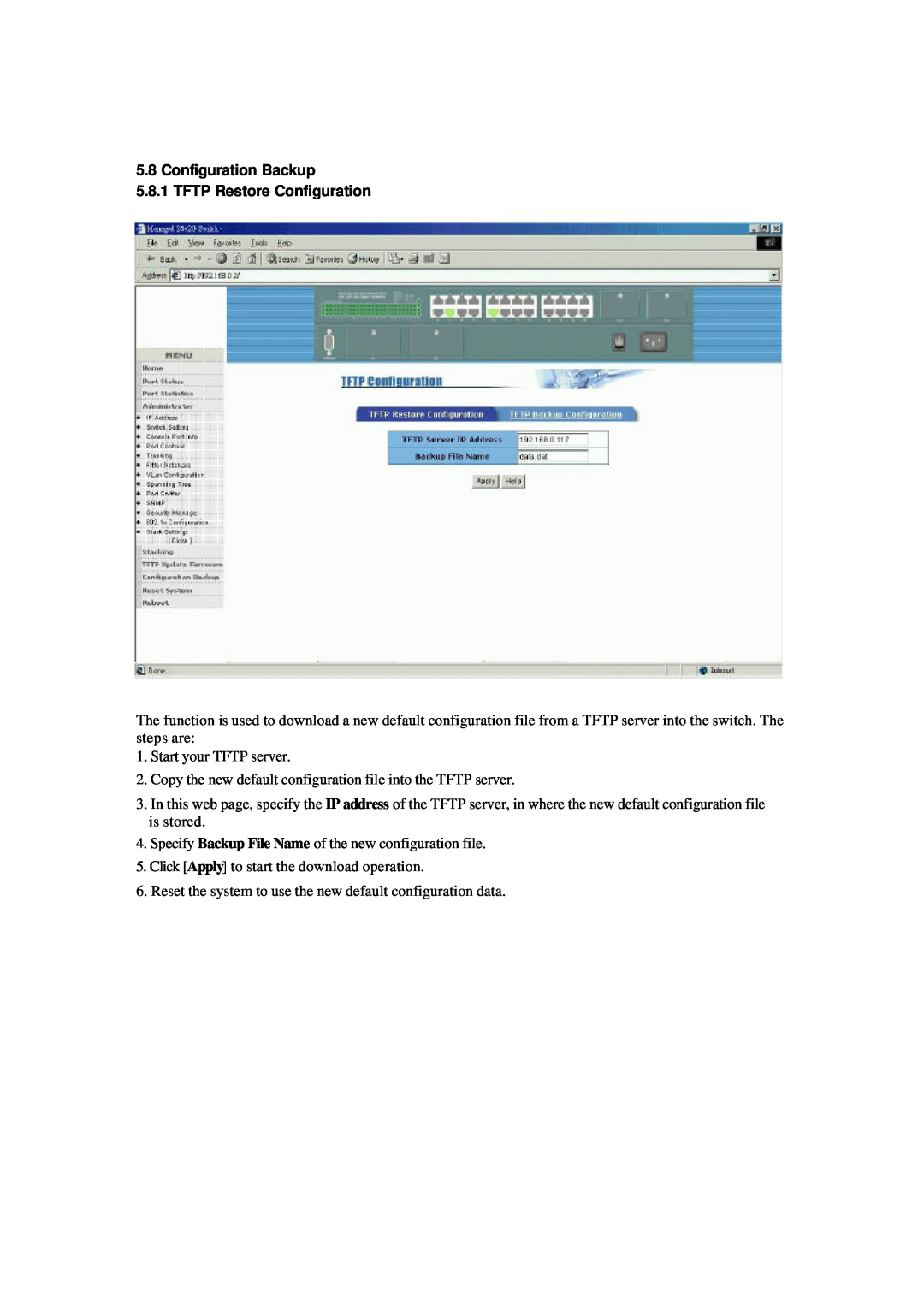 Xerox NS-2260 operation manual Configuration Backup, TFTP Restore Configuration 