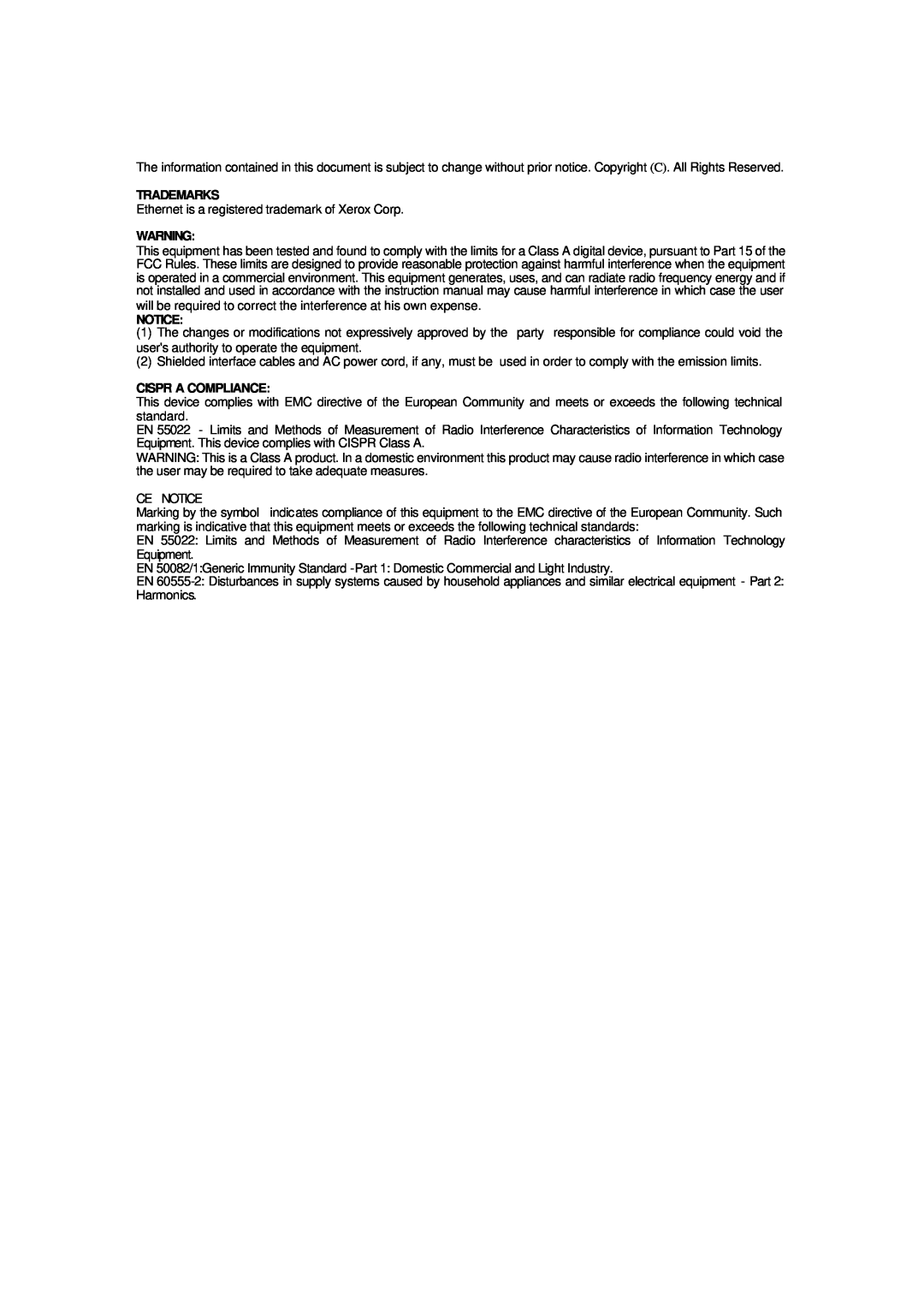 Xerox NS-2260 operation manual Trademarks, Notice, Cispr A Compliance 