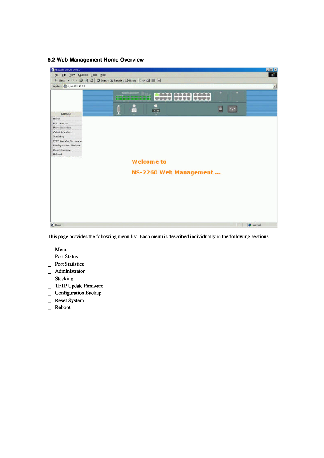 Xerox NS-2260 operation manual Web Management Home Overview, _ Menu _ Port Status _ Port Statistics 