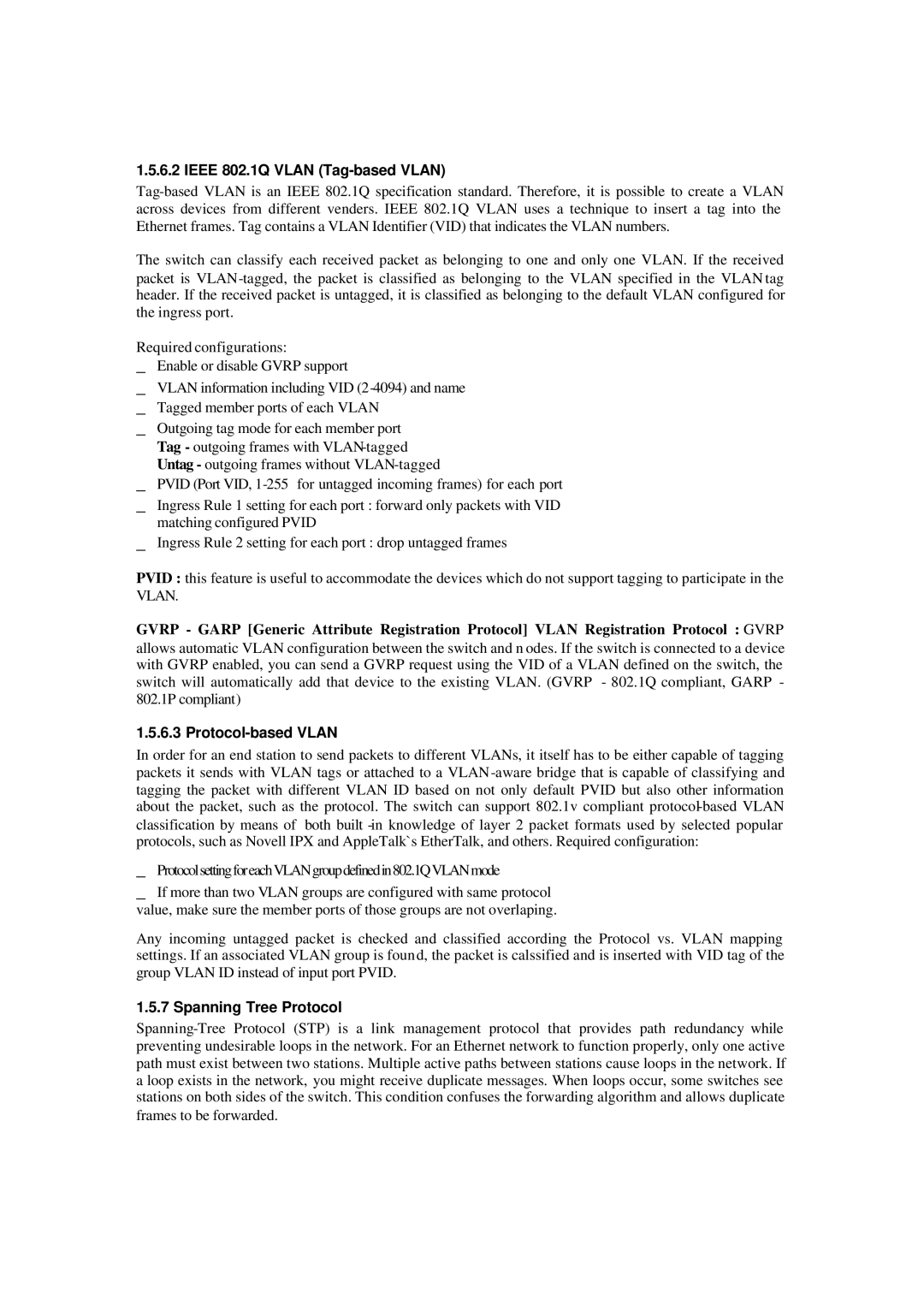 Xerox NS-2260 operation manual Ieee 802.1Q Vlan Tag-based Vlan, Protocol-based Vlan, Spanning Tree Protocol 