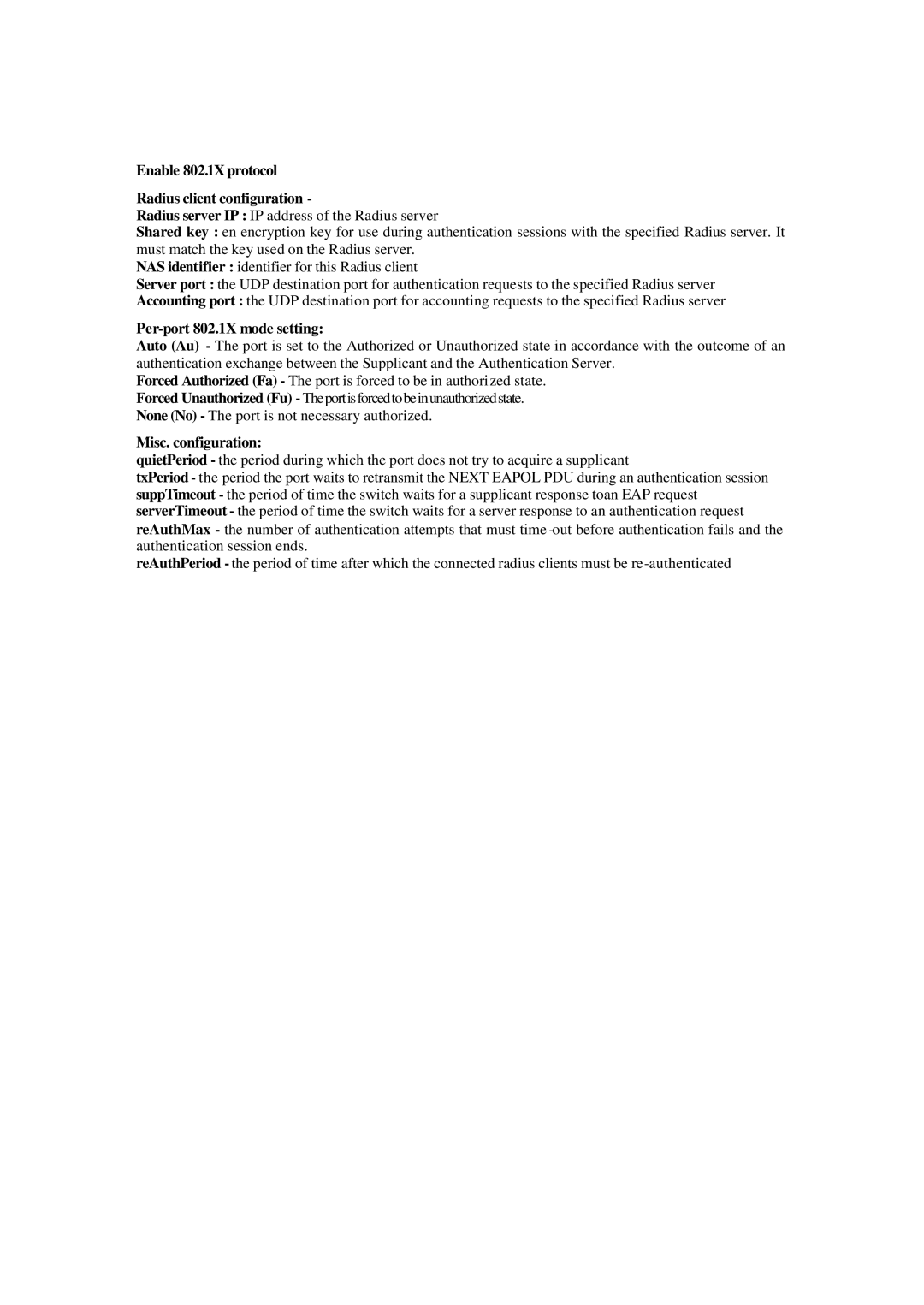 Xerox NS-2260 Enable 802.1X protocol Radius client configuration, Per-port 802.1X mode setting, Misc. configuration 