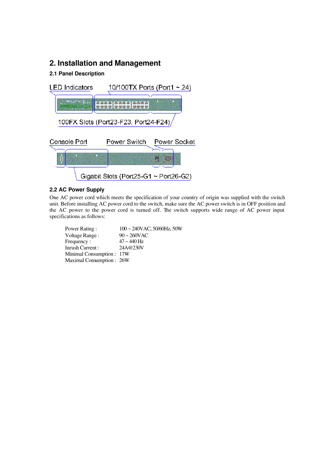 Xerox NS-2260 operation manual Installation and Management, Panel Description AC Power Supply 