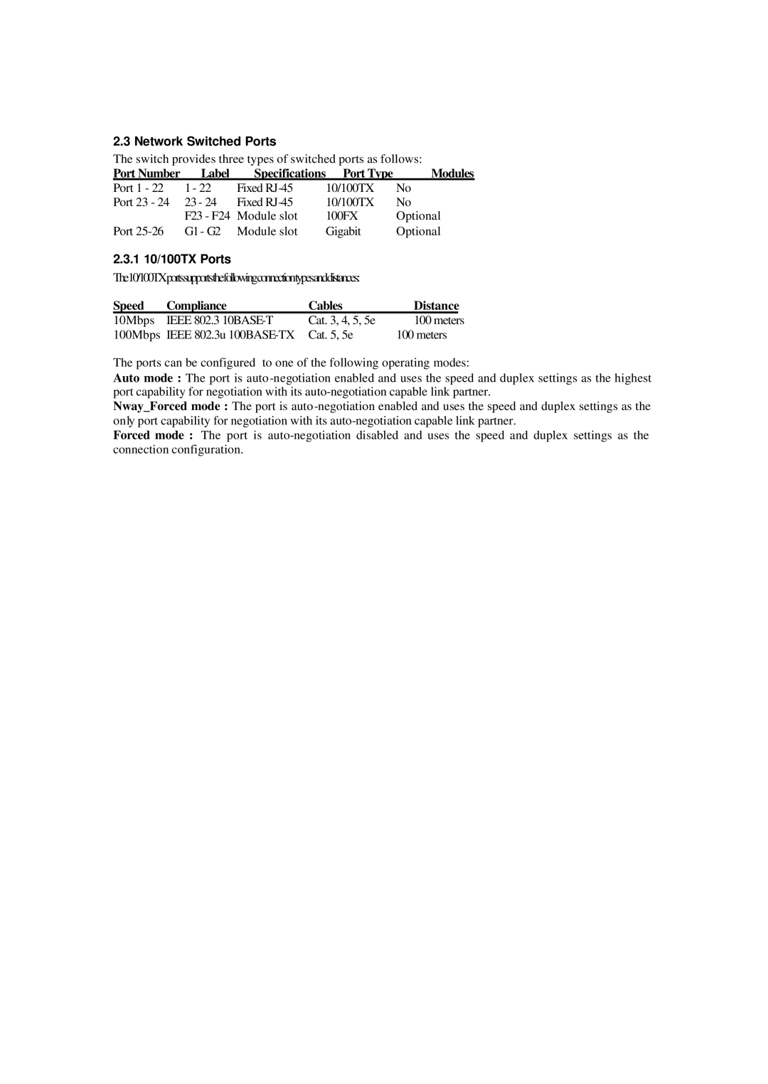 Xerox NS-2260 operation manual Network Switched Ports, Port Number Label Specifications Port Type, 1 10/100TX Ports 