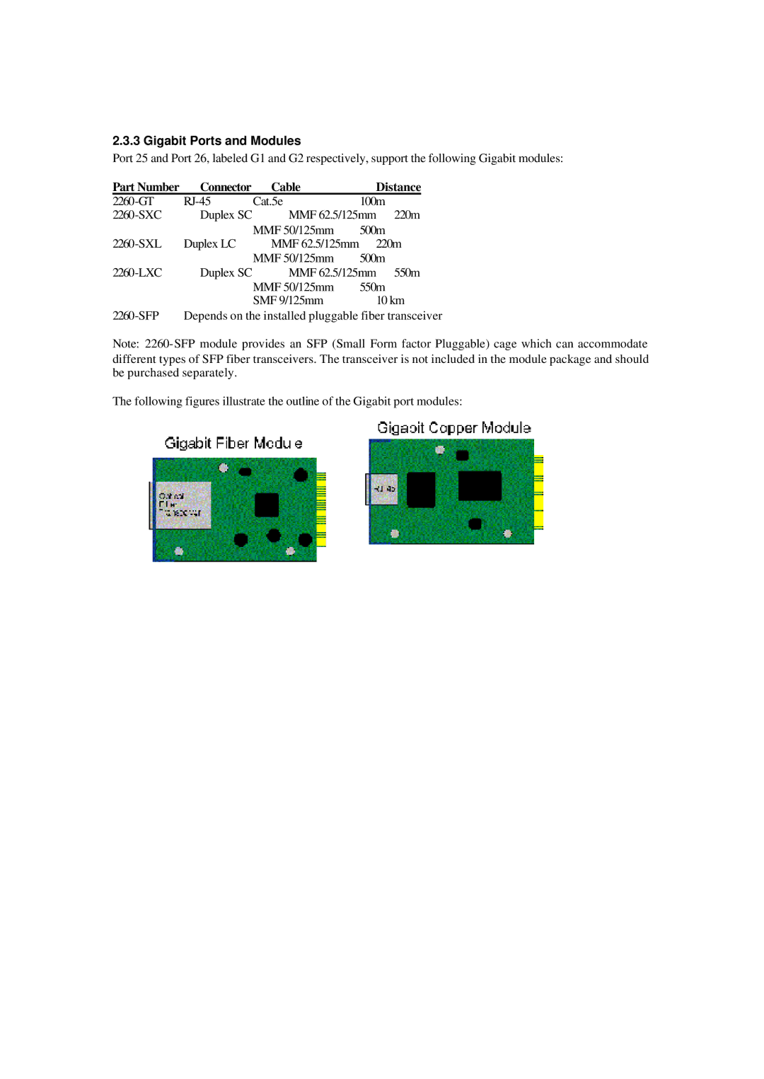 Xerox NS-2260 operation manual Gigabit Ports and Modules, Cable Distance 