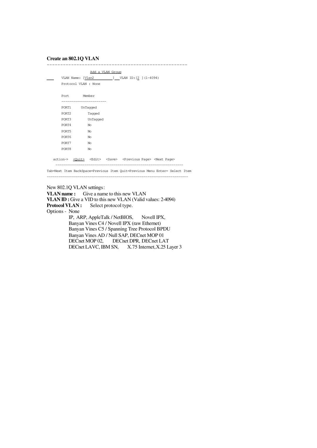 Xerox NS-2260 operation manual Create an 802.1Q Vlan, PORT4 PORT5 PORT6 PORT7 PORT8 