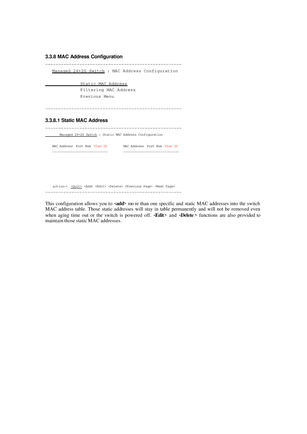 Xerox NS-2260 operation manual MAC Address Configuration, Static MAC Address 