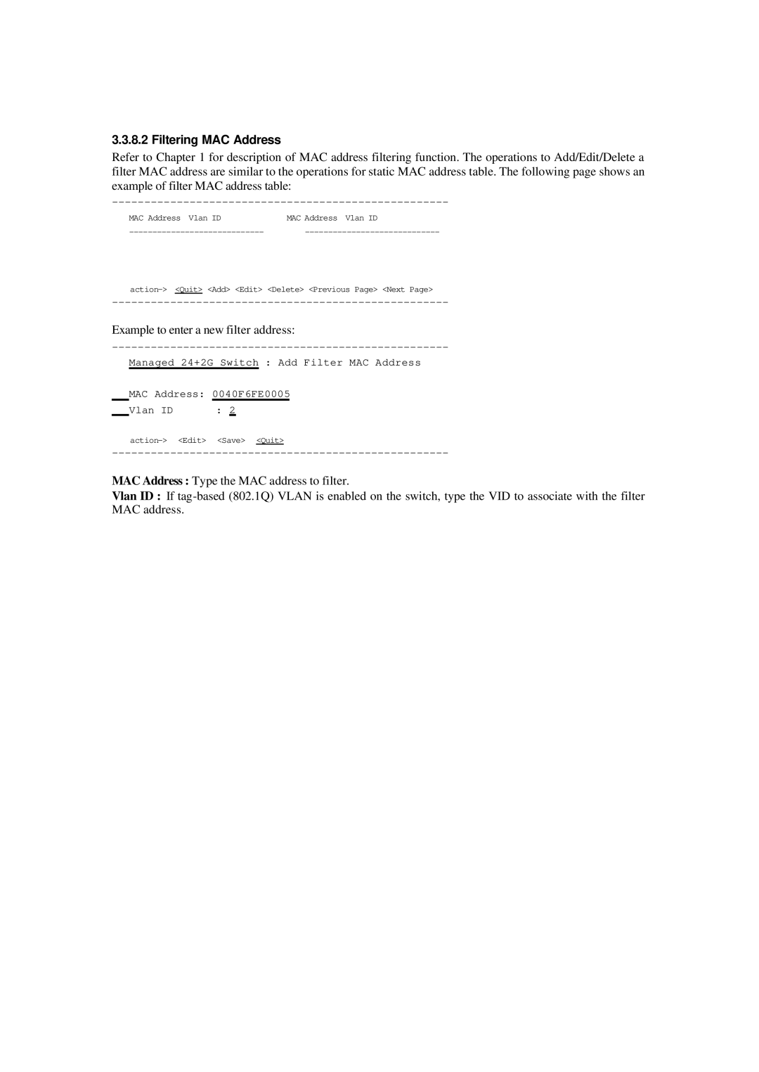 Xerox NS-2260 operation manual Filtering MAC Address, Example to enter a new filter address 