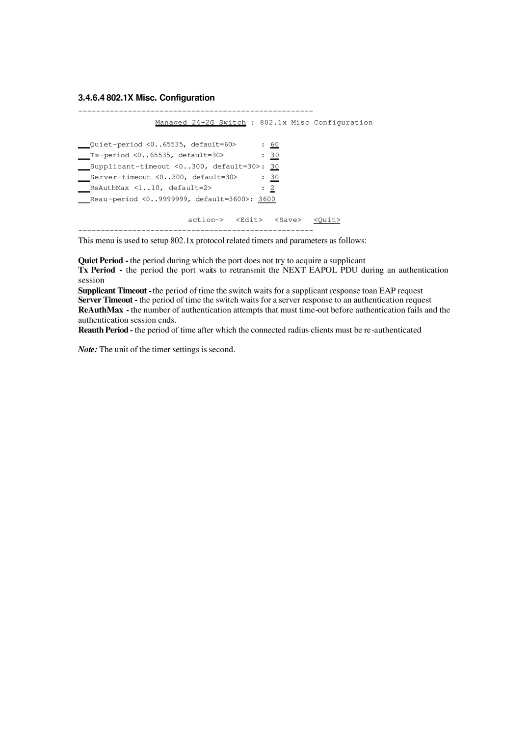 Xerox NS-2260 operation manual 6.4 802.1X Misc. Configuration, Managed 24+2G Switch 802.1x Misc Configuration 