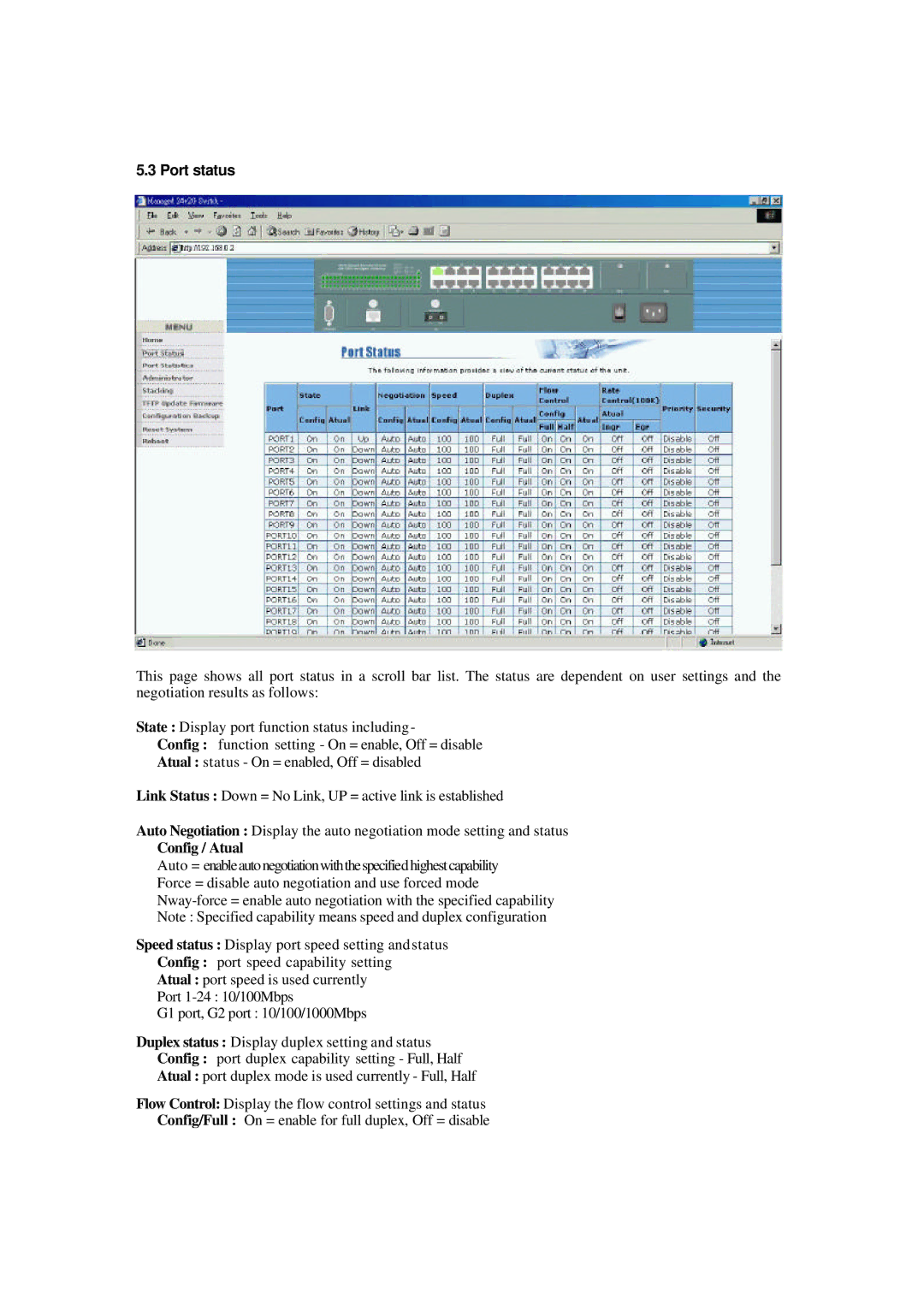 Xerox NS-2260 operation manual Port status, Config / Atual 