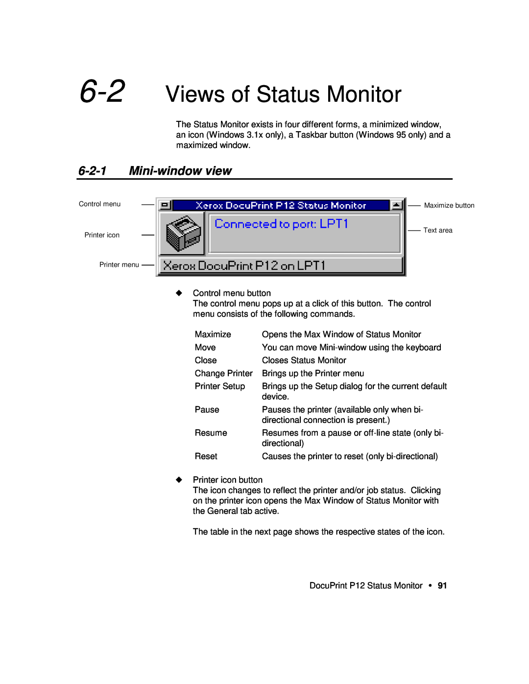 Xerox P12 manual Views of Status Monitor, Mini-window view 