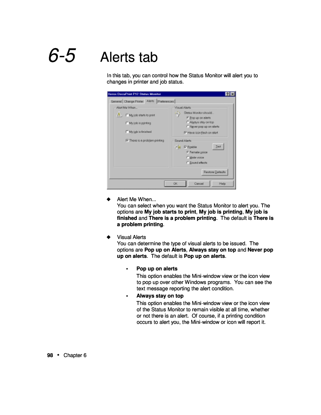 Xerox P12 manual Alerts tab, Pop up on alerts, Always stay on top 