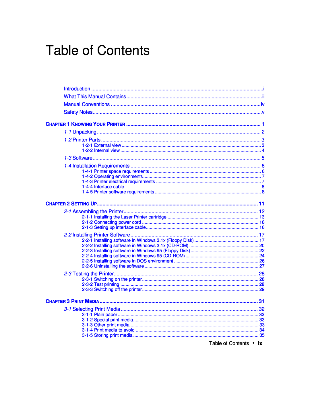 Xerox P12 manual Table of Contents, Knowing Your Printer, Setting Up, Print Media 