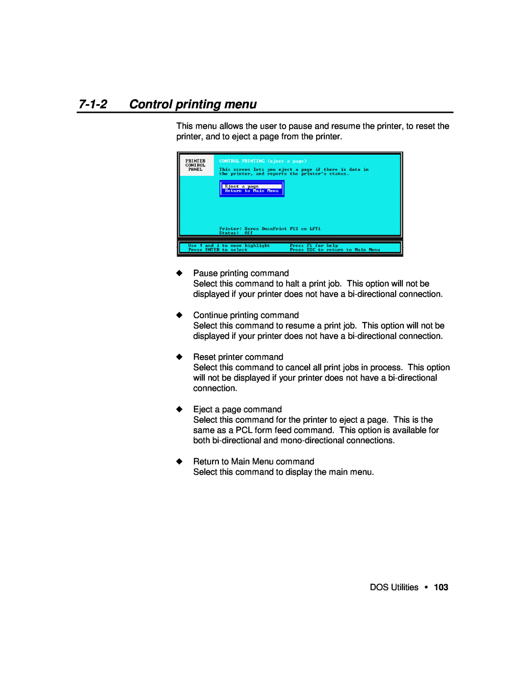 Xerox P12 manual Control printing menu 