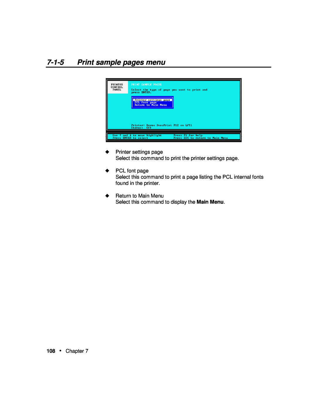 Xerox P12 Print sample pages menu, Printer settings page, Return to Main Menu Select this command to display the Main Menu 