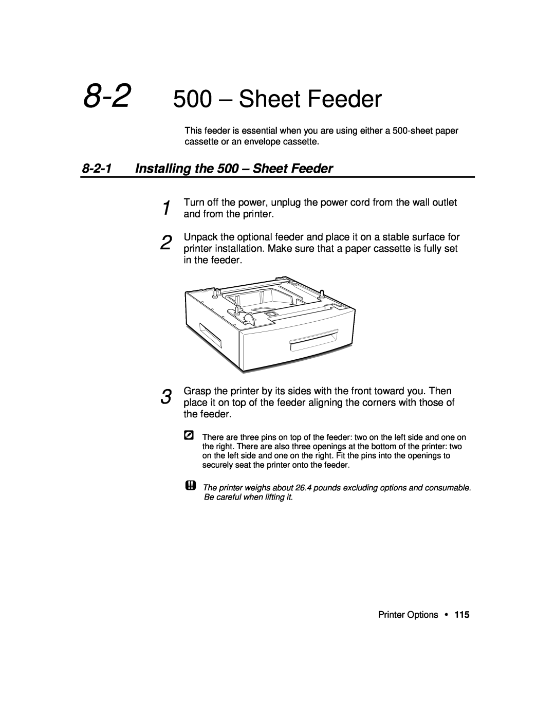 Xerox P12 manual 8-2 500 - Sheet Feeder, Installing the 500 - Sheet Feeder 