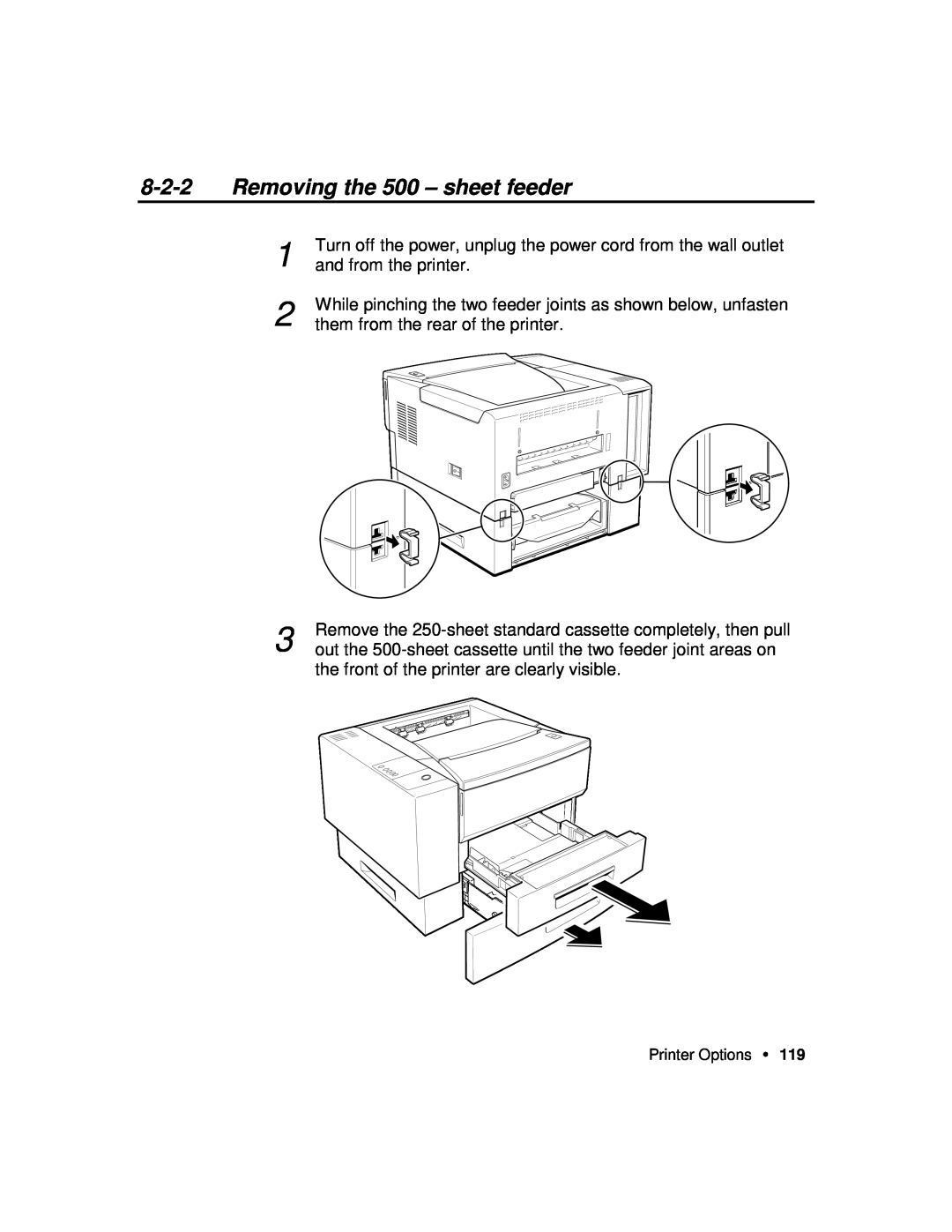 Xerox P12 manual Removing the 500 - sheet feeder, While pinching the two feeder joints as shown below, unfasten 