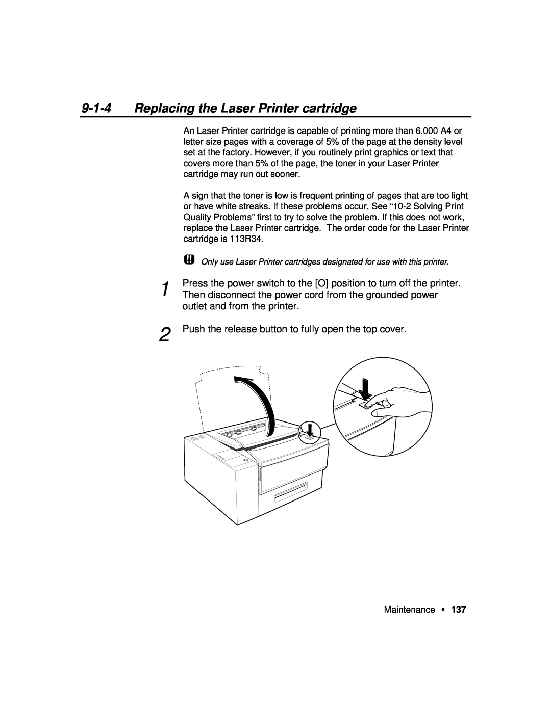 Xerox P12 manual Replacing the Laser Printer cartridge, Press the power switch to the O position to turn off the printer 