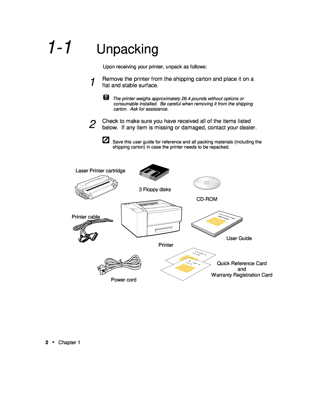 Xerox P12 manual Unpacking, Remove the printer from the shipping carton and place it on a, flat and stable surface 
