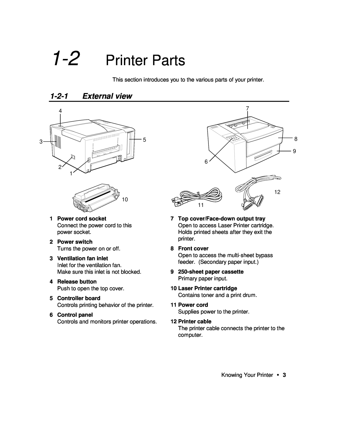 Xerox P12 manual Printer Parts, External view, Power cord socket, Power switch, Ventilation fan inlet, Release button 