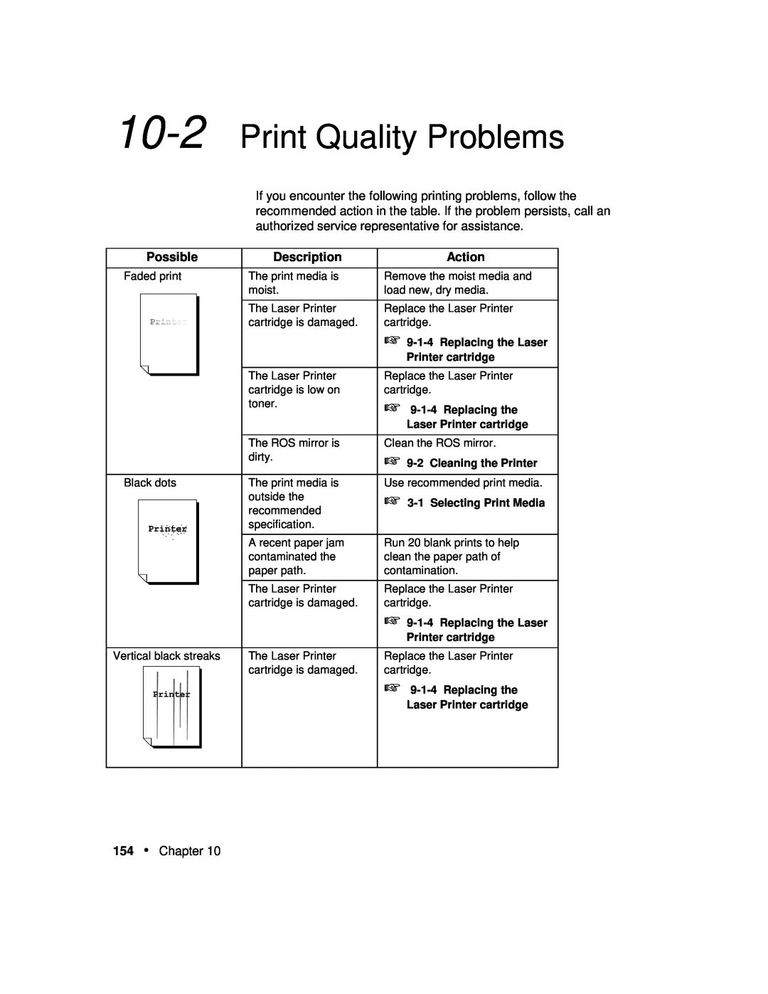 Xerox P12 manual Print Quality Problems, Possible, Description, Action, Replacing the Laser, Printer cartridge 