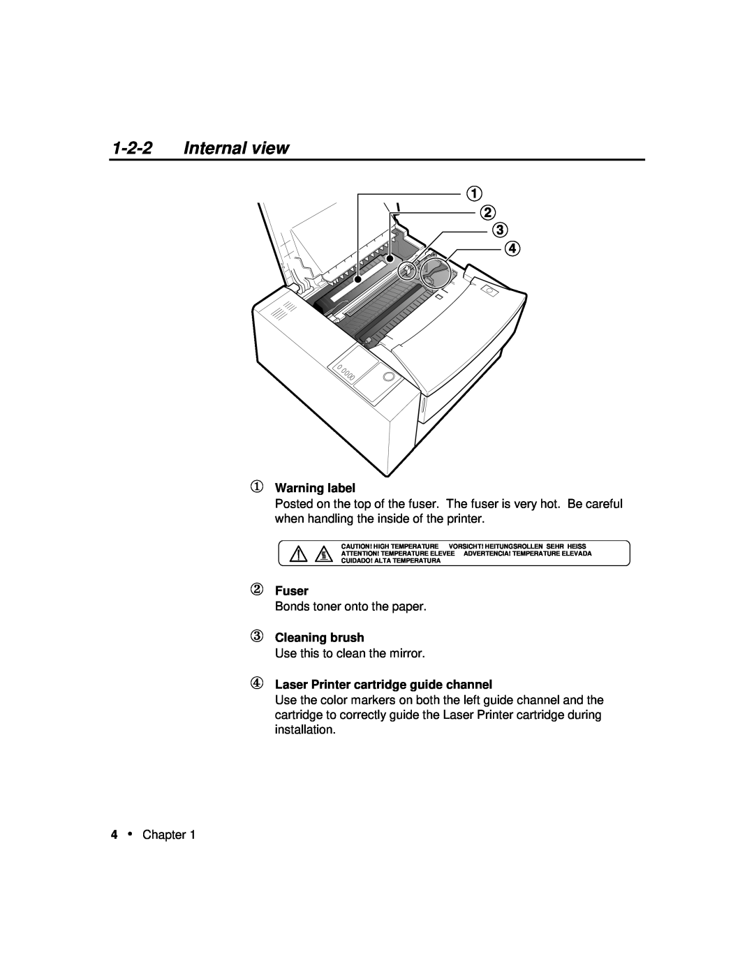 Xerox P12 manual Internal view, ① Warning label, Fuser, Cleaning brush, ④ Laser Printer cartridge guide channel 