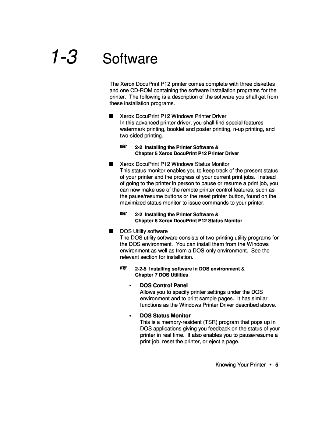 Xerox P12 manual Software, DOS Control Panel, DOS Status Monitor 