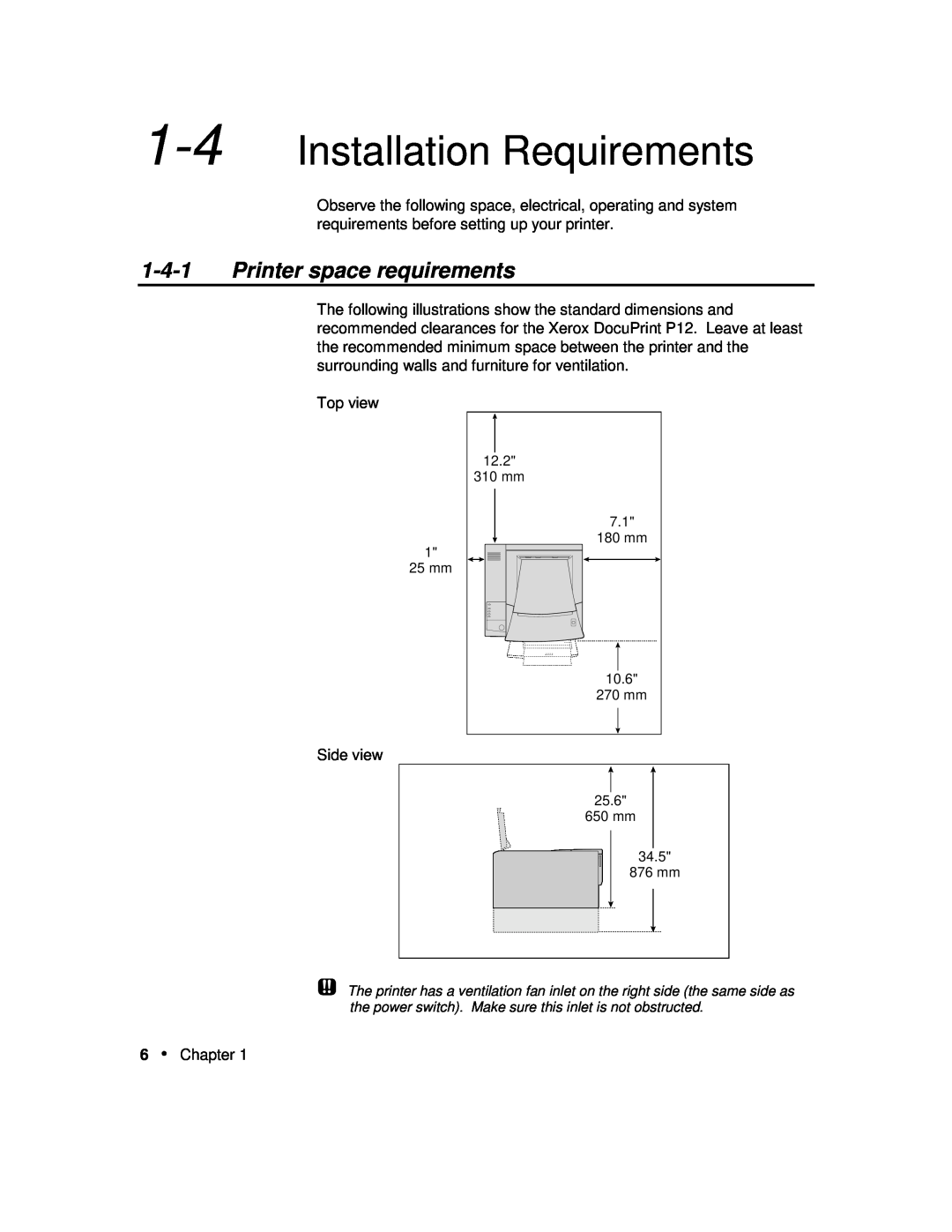 Xerox P12 manual Installation Requirements, Printer space requirements 