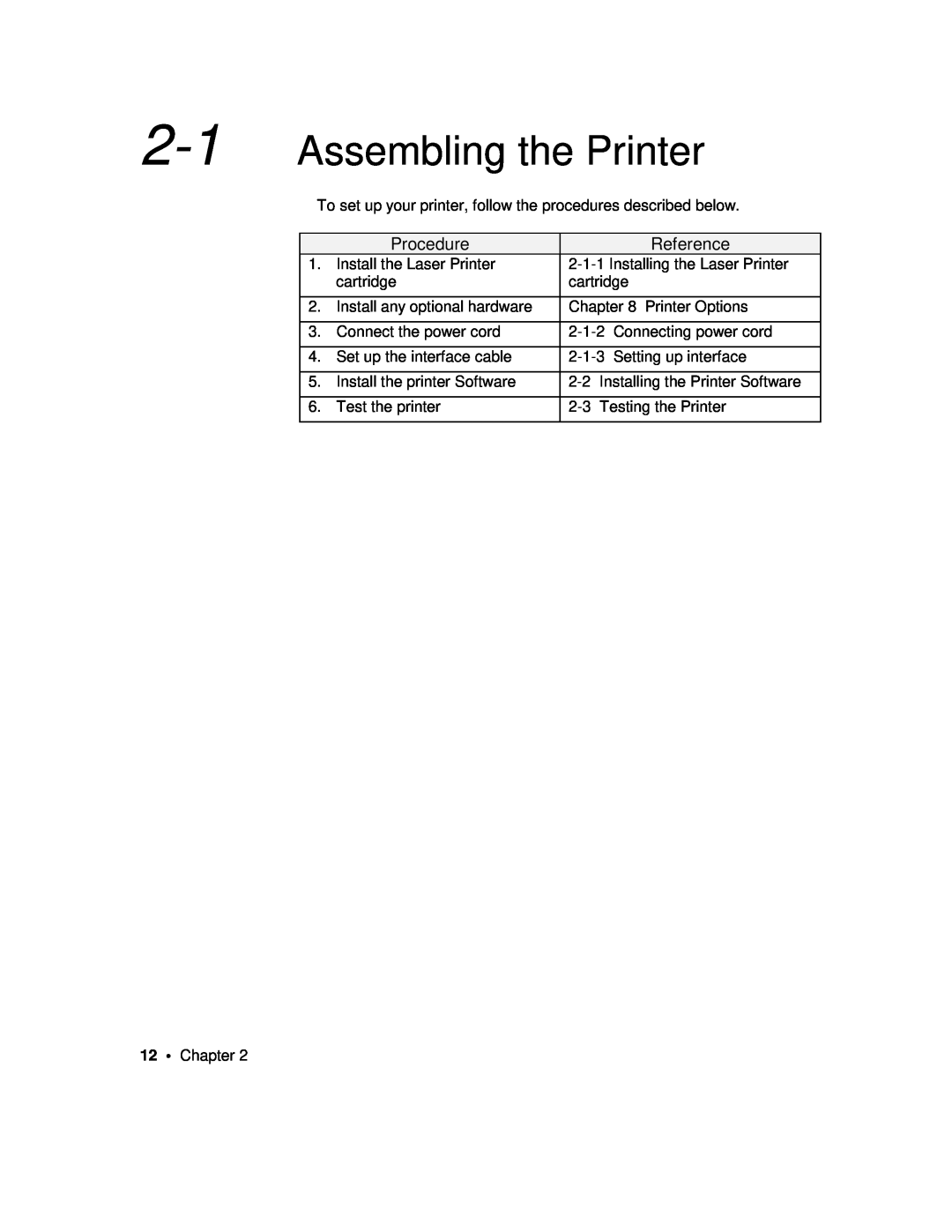 Xerox P12 manual Assembling the Printer, Procedure, Reference 