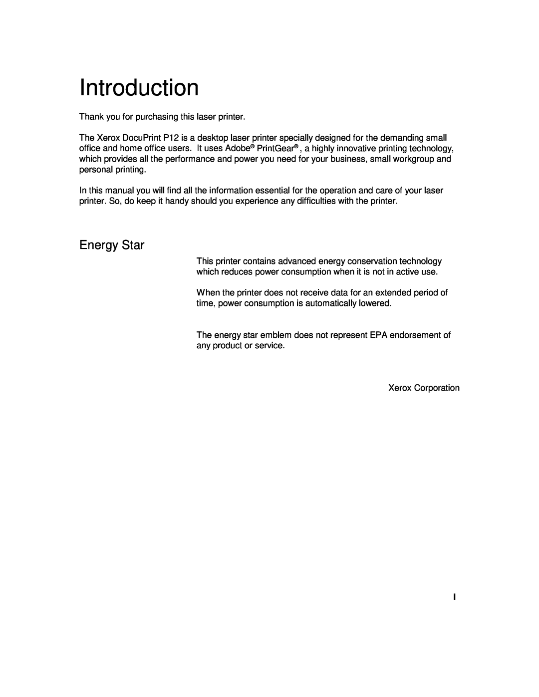 Xerox P12 manual Introduction, Energy Star 