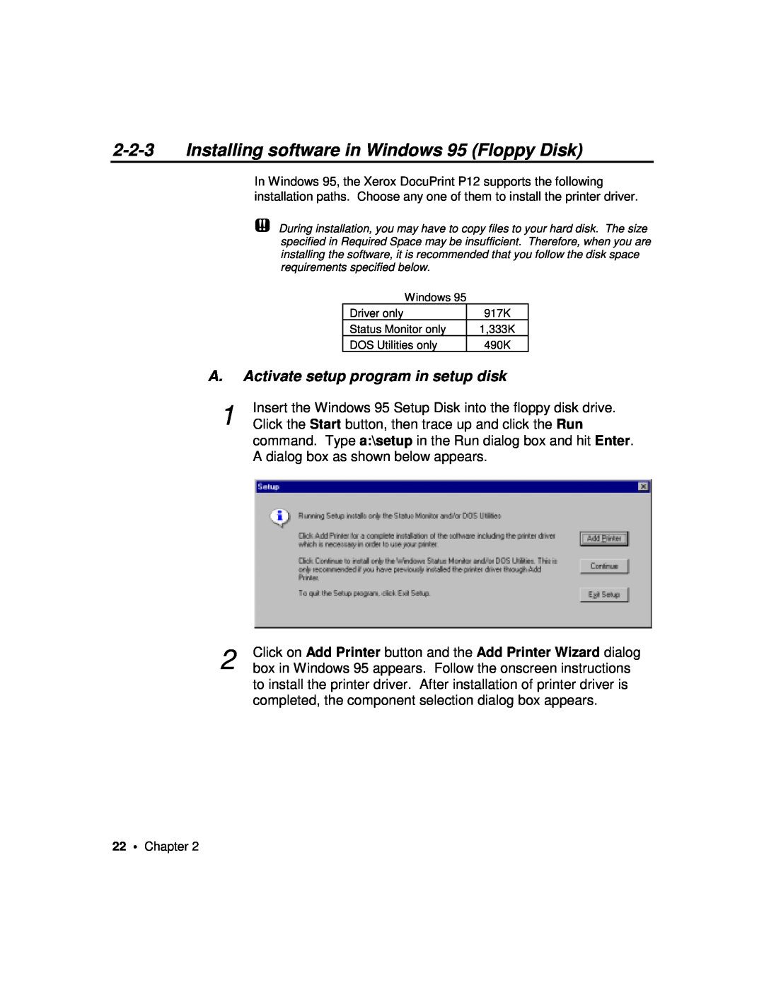 Xerox P12 manual Installing software in Windows 95 Floppy Disk, A. Activate setup program in setup disk 