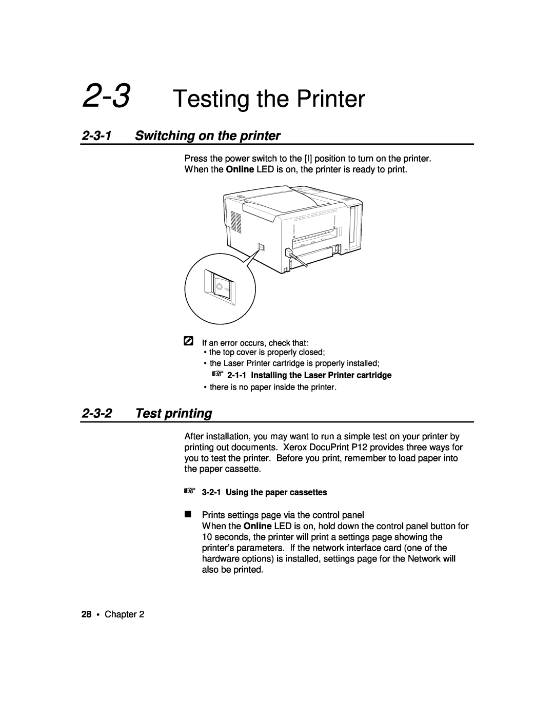 Xerox P12 manual Testing the Printer, Switching on the printer, Test printing 