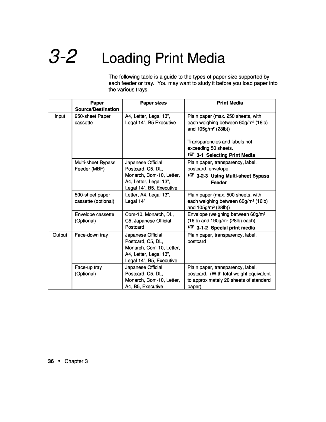 Xerox P12 manual Loading Print Media, Paper sizes, Source/Destination, Selecting Print Media, Using Multi-sheet Bypass 