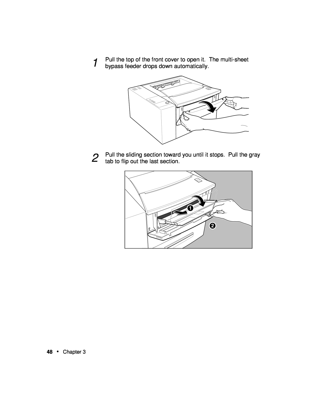 Xerox P12 Pull the top of the front cover to open it. The multi-sheet, bypass feeder drops down automatically, Chapter 