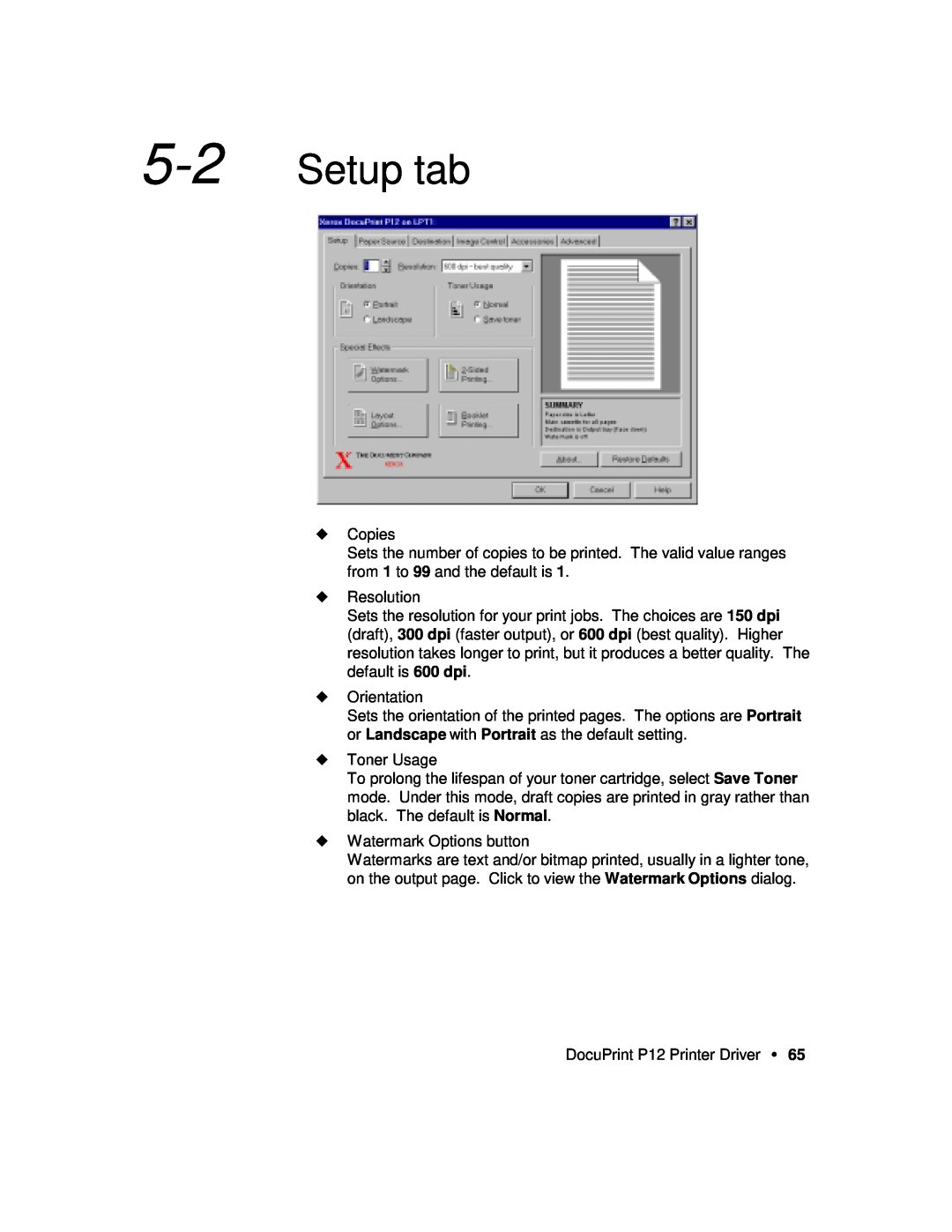 Xerox P12 manual Setup tab 