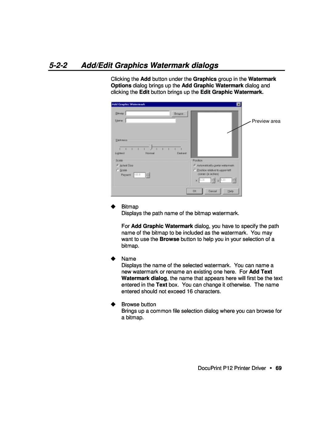 Xerox P12 manual 5-2-2 Add/Edit Graphics Watermark dialogs, Preview area 