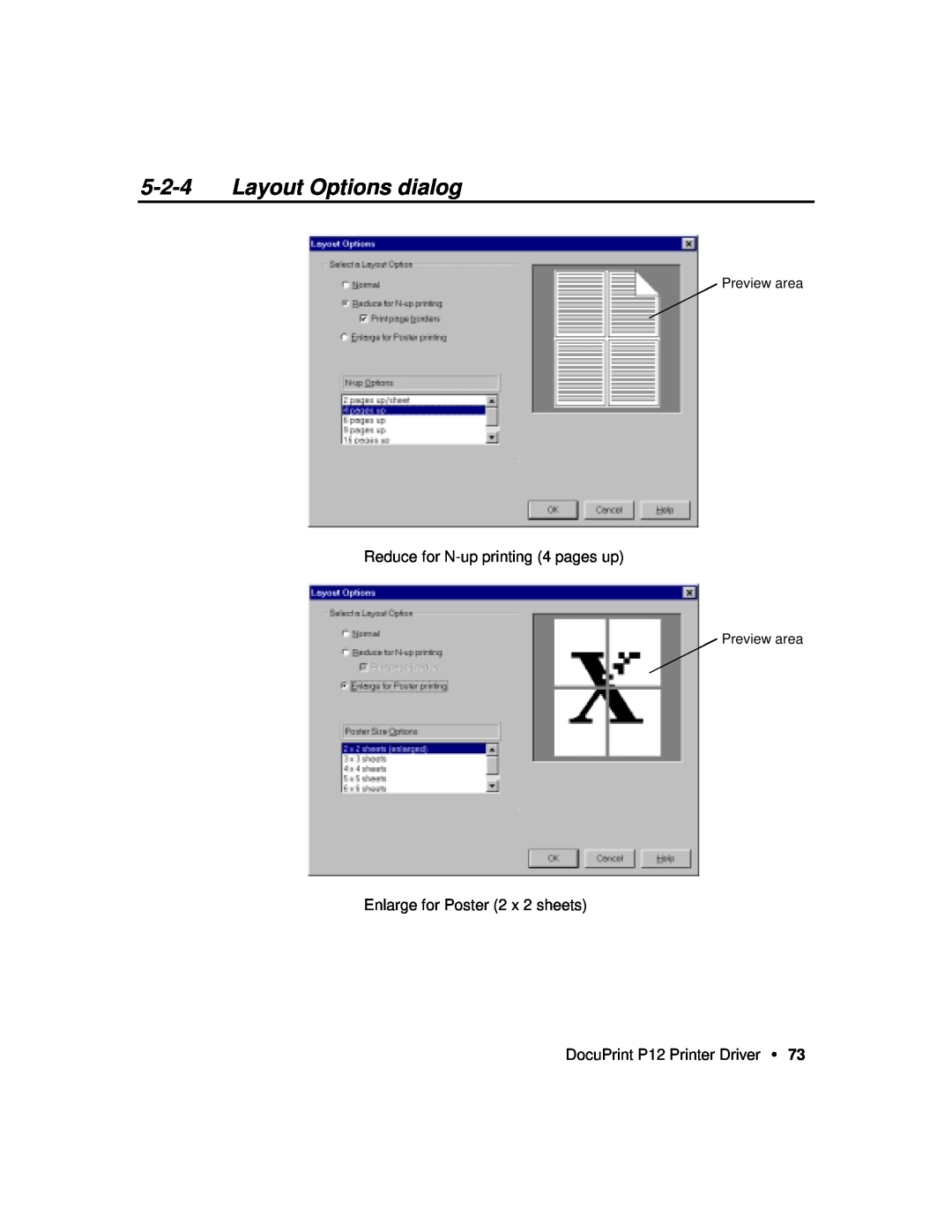 Xerox P12 manual Layout Options dialog, Reduce for N-up printing 4 pages up, Enlarge for Poster 2 x 2 sheets 